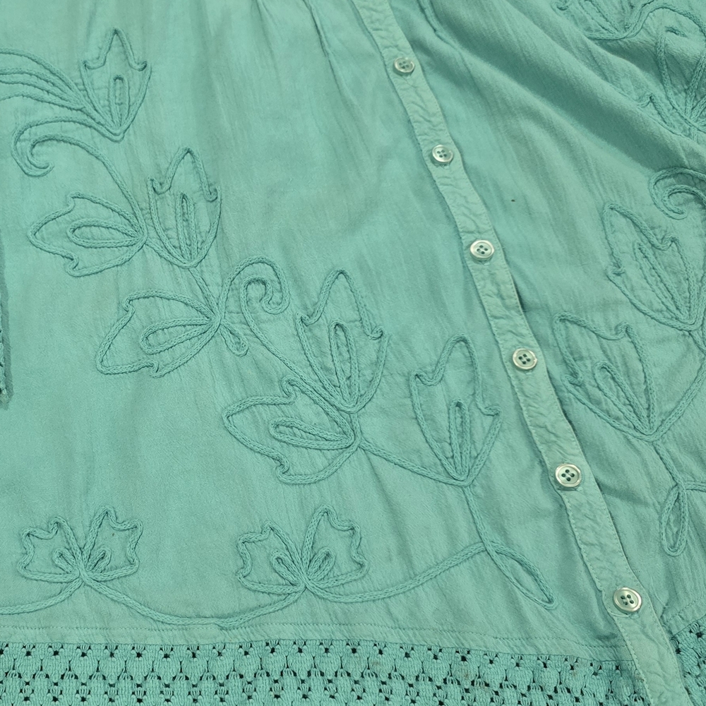 GRETTY ZUEGER Tunic Top Boho Embroidered Peasant Crochet Lace Vneck Turquoise XL - Picture 2 of 9